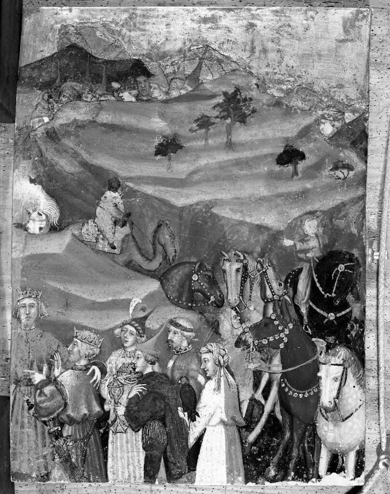 O Séquito dos Magos, óleo sobre painel de artista não identificado, retratando uma procissão religiosa com figuras reais.