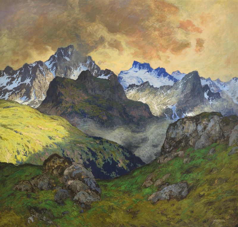 An Alpine Landscape by Hugo Hodiener, oil painting depicting mountains and trees