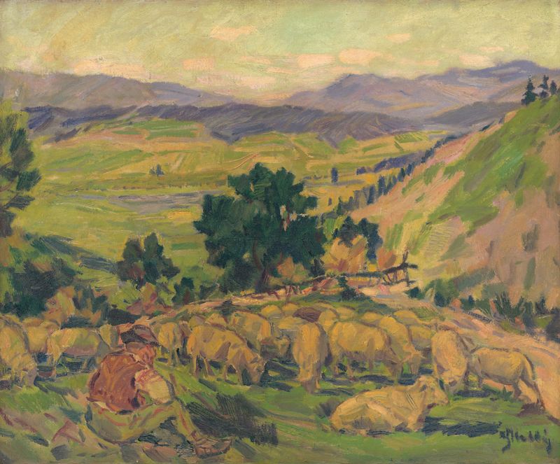 Paisagem com ovelhas pastando na grama, pintura a óleo de Gustáv Mallý
