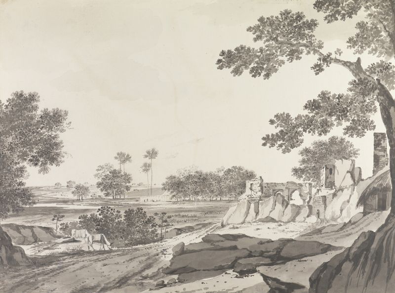 Ink on paper drawing by William Hodges featuring a figure in a lush landscape.