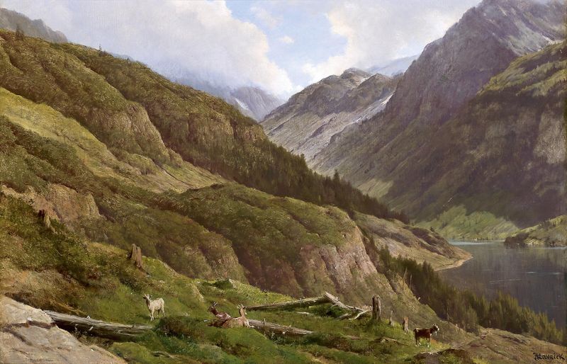 Paisaje montañoso con cabras pastando, óleo sobre lienzo de Anton Hlavacek