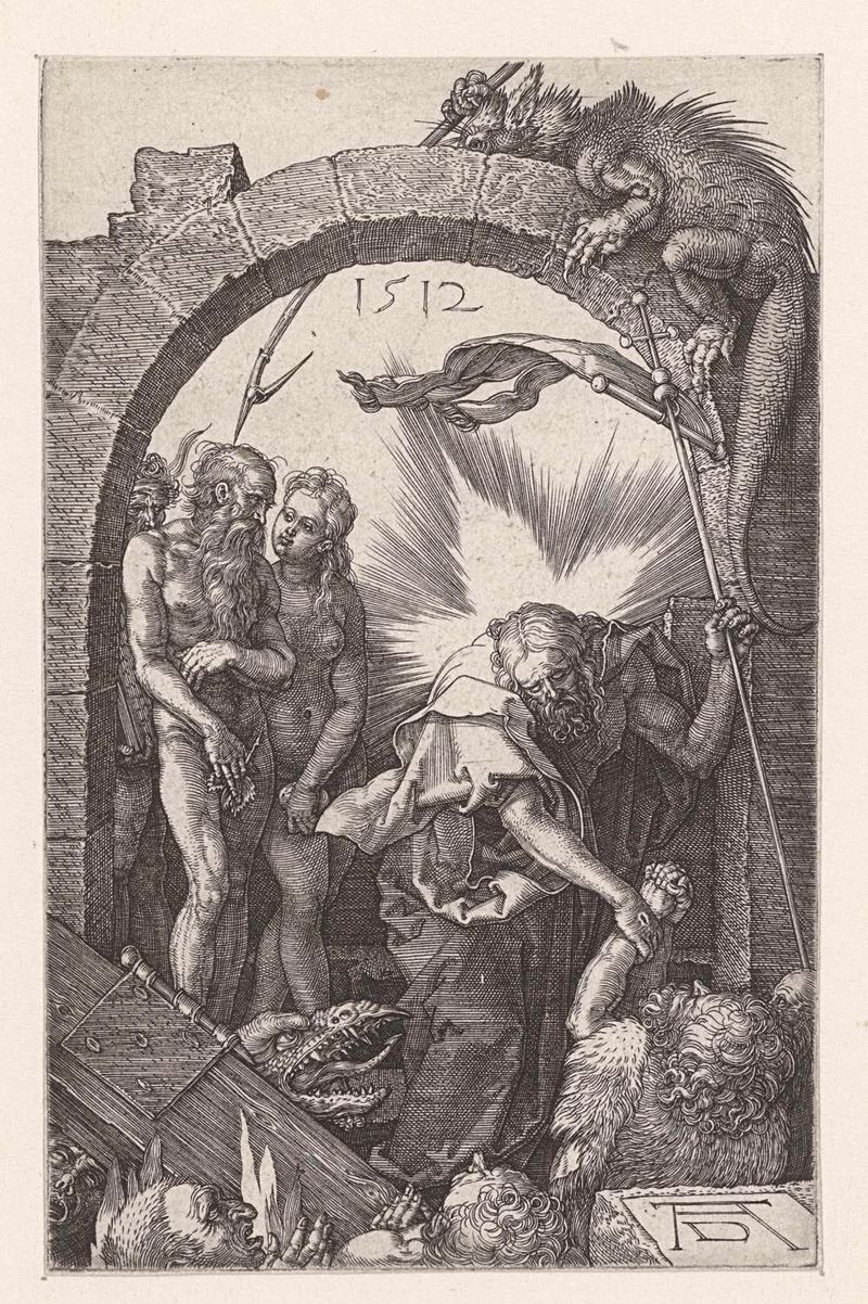 Gravura de Albrecht Dürer representando uma escada e figuras em chiaroscuro