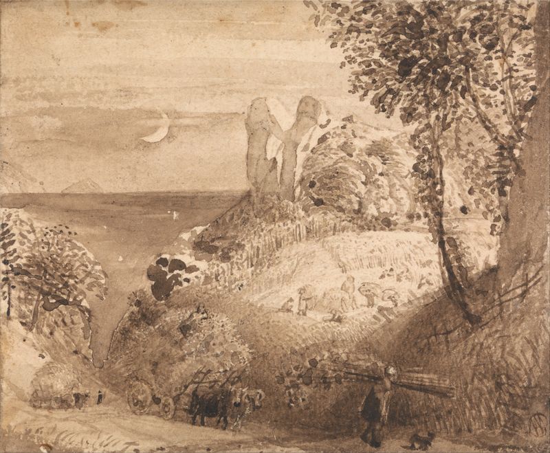 A Pastoral Scene de Samuel Palmer, que representa un paisaje sereno con suaves colinas en pintura al óleo.