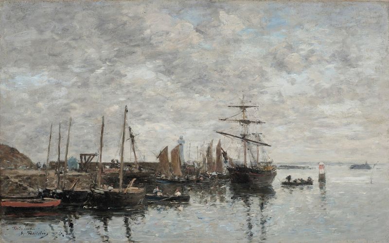 Escena marina con barcos en el muelle, óleo sobre lienzo de Eugène Boudin