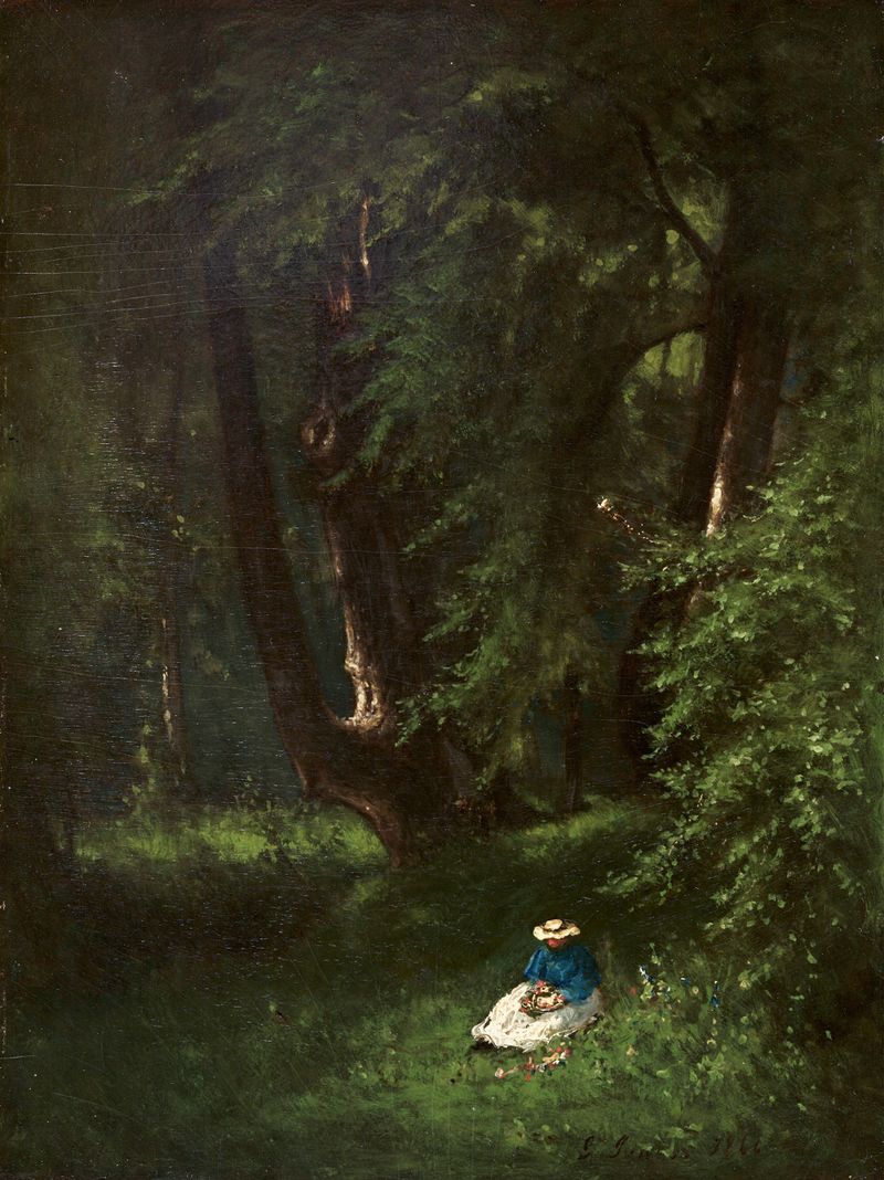 In the Woods de George Inness, óleo sobre lienzo que representa un bosque tranquilo con luz filtrada.