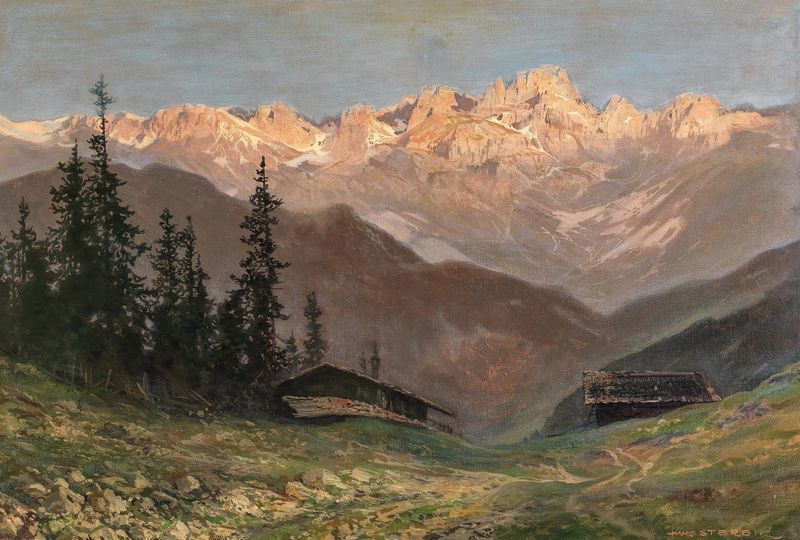 Paisaje romántico de Toni Haller, representando el crepúsculo sobre montañas.