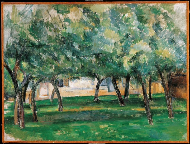 Farm in Normandy, pintura al óleo de Paul Cezanne que representa un paisaje sereno con una granja.