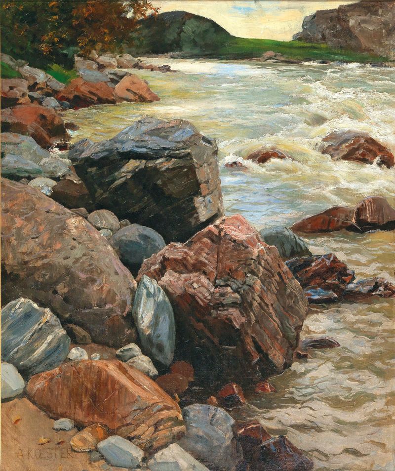 Paisagem representando um rio ao amanhecer por Alexander Koester, meio desconhecido