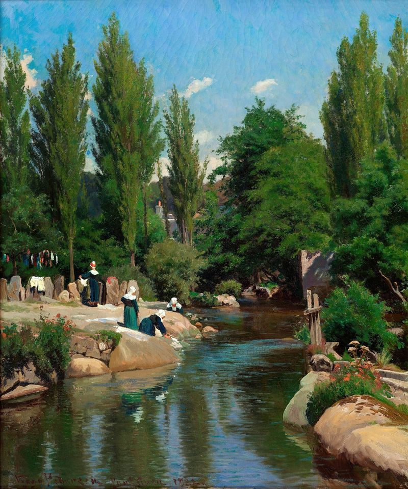 Lavando roupas em um riacho na Bretanha, pintura a óleo de Viggo Pedersen