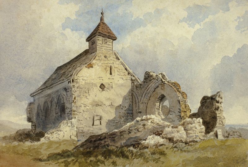 Chapel Ruins de Charles John Hills, pintura al óleo que muestra un arco en ruinas con luz suave.