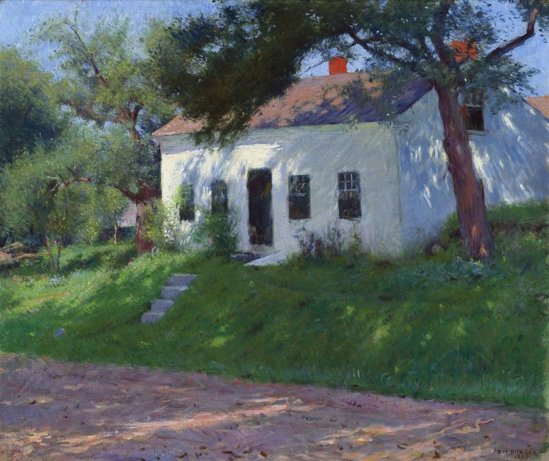 Roadside Cottage de Dennis Miller Bunker, óleo sobre tela, retratando uma cabana em uma floresta com luz quente da tarde.