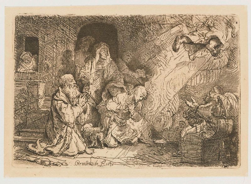 Gravura de Rembrandt van Rijn mostrando um anjo se despedindo de Tobias e sua família em luz suave.