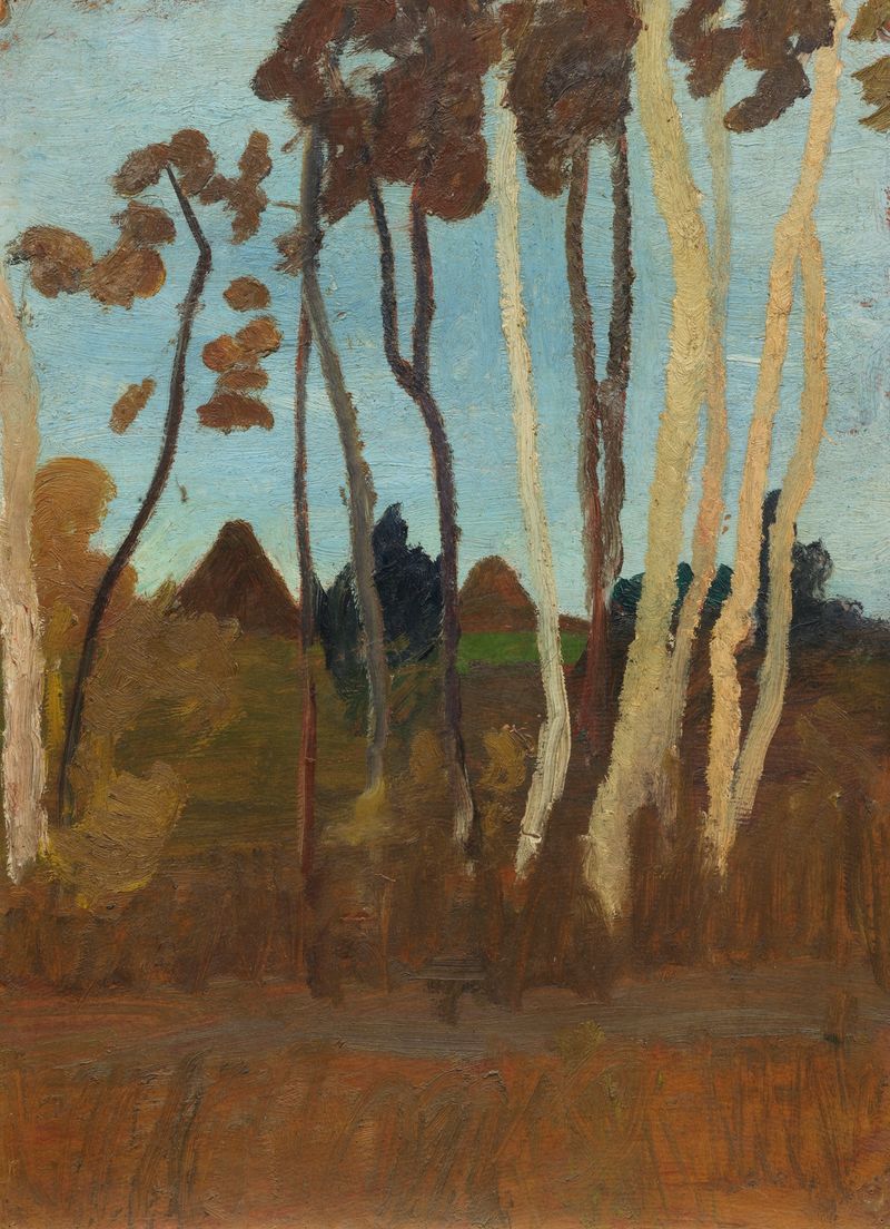 Landschaft mit Birken, una pintura al óleo de Paula Modersohn-Becker con hayas y gables.
