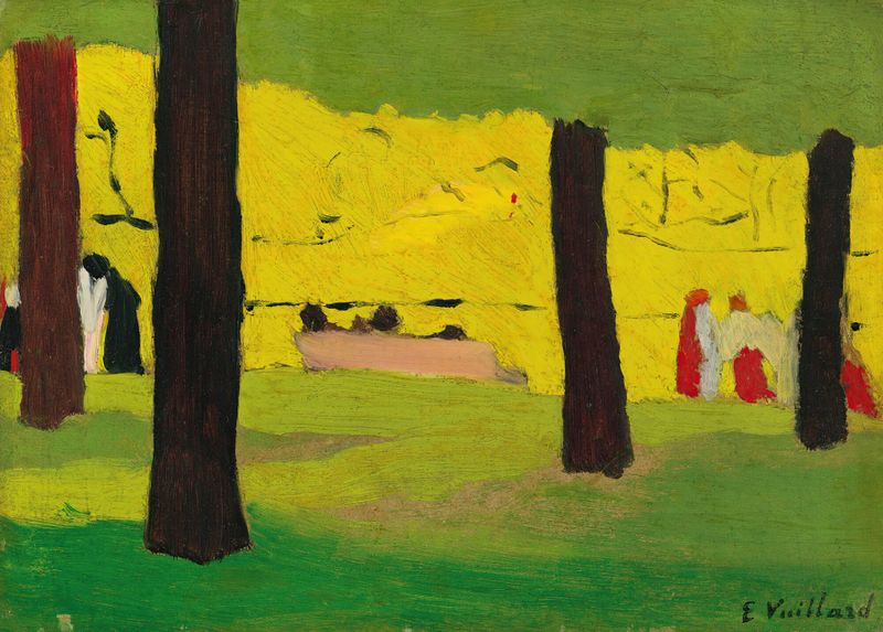 Le Banc Rose by Édouard Vuillard, oil on canvas, depicting figures on a pink bench in a soft interior.