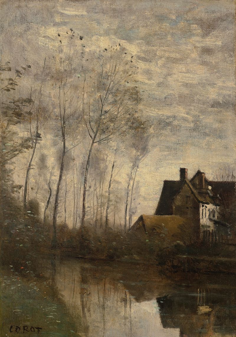 Oil on canvas by Jean-Baptiste-Camille Corot depicting a river, house, and poplar trees.