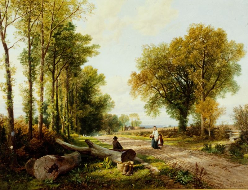 Genre scene depicting a couple walking in a landscape, oil painting by Frederick William Hulme