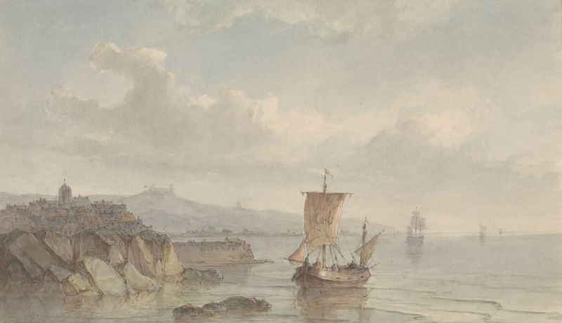 Cena marinha com porto e barcos na água de Christiaan Lodewijk Willem Dreibholtz