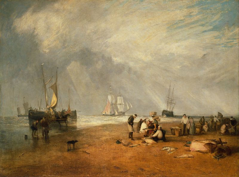 O Mercado de Peixes na Hastings Beach, óleo sobre tela de Joseph Mallord William Turner