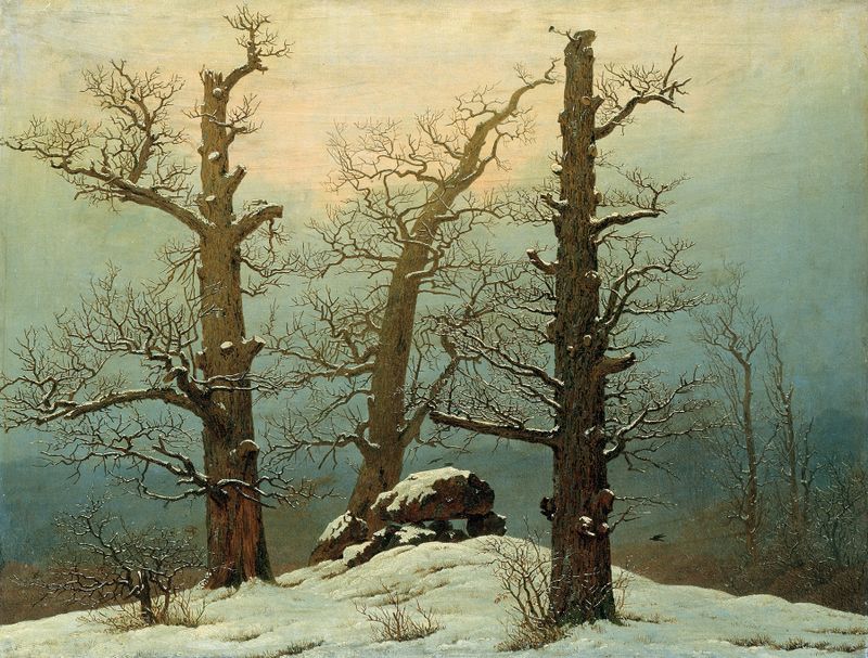 Cairn in Snow, óleo sobre lienzo de Caspar David Friedrich, representando un cairn en un paisaje nevado.