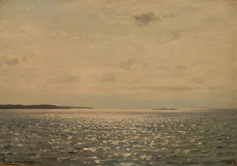 Solglitter de Amaldus Nielsen, óleo sobre tela que retrata água cintilante e luz dourada