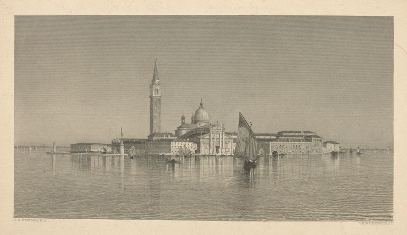 San Giorgio-Venice by Robert Hinshelwood, oil on canvas depicting a canal with reflections and architecture.