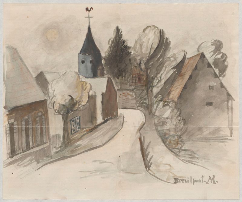 Paisagem com uma vila e torre, óleo sobre tela de Tadeusz Makowski