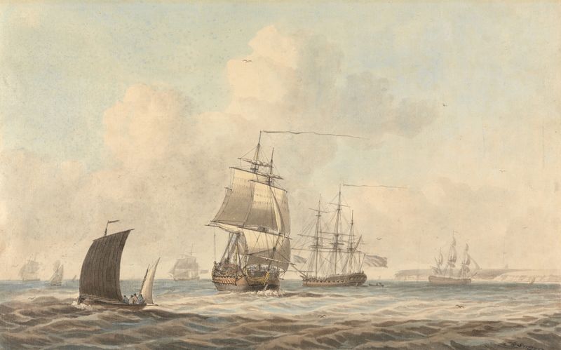 Marine scene with warships in the channel, oil painting by Dominic Serres