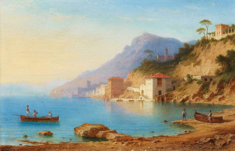 View of the Amalfi Coast by Carl Morgenstern, oil on canvas, featuring waves and cliffs.