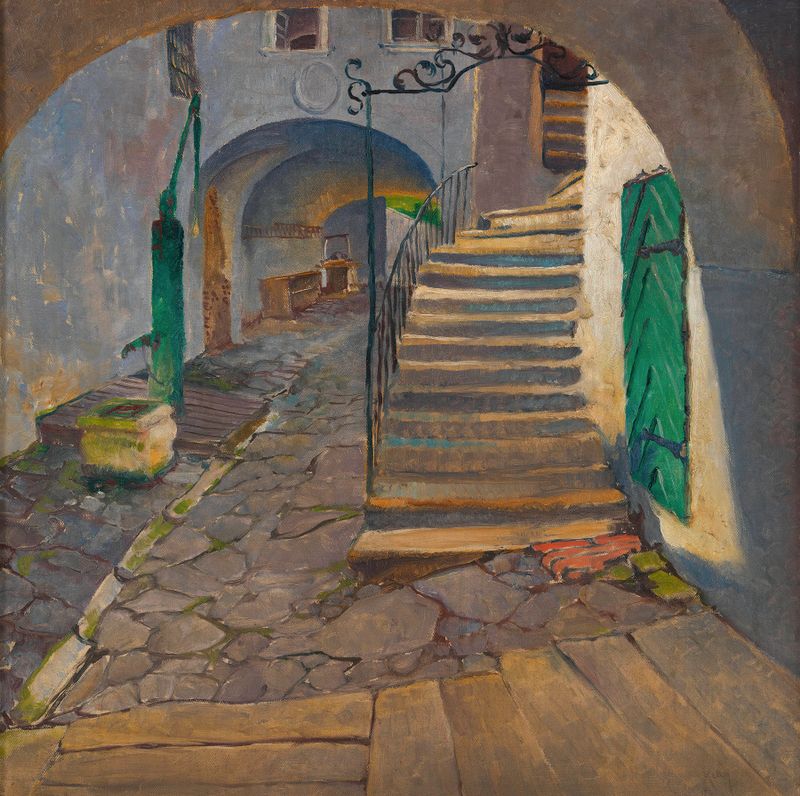 Pintura al óleo de paisaje de Alfred Keller con un camino y vegetación