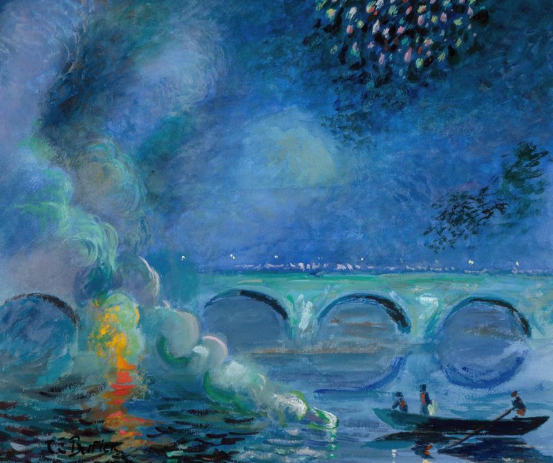 Fireworks; Bridge at Vernon, France de Theodore Earl Butler, pintura a óleo que retrata uma cena de rio ao crepúsculo.