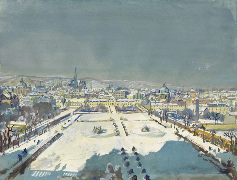 Pintura al óleo de Oskar Laske que representa Belvedere con vista de Viena.