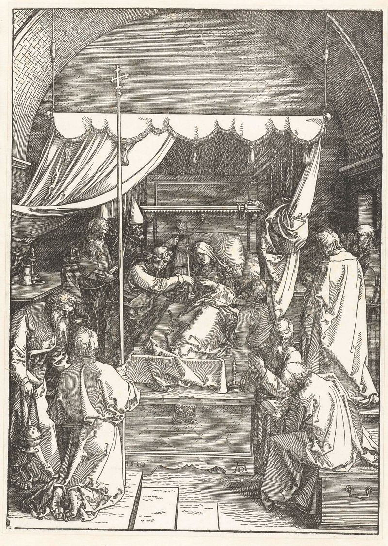 Sterfbed van Maria, obra en papel de Albrecht Dürer que representa a María con un rosario y ricas draperías.