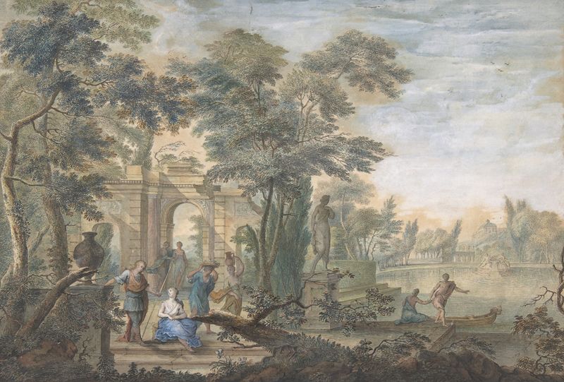 Rococo oil painting by Gerard Melder depicting a landscape with a statue of Diana and figures.