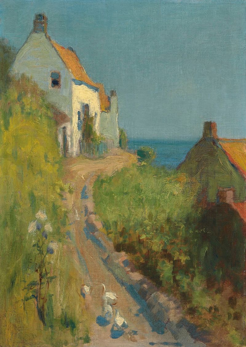 Pintura a óleo de Mark Senior mostrando hera sobre ruínas na luz quente do sol.