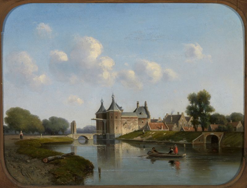 Tiendewegspoort te Gouda de Gijsbert Johannes Verspuy, óleo sobre lienzo que representa un arco envejecido.