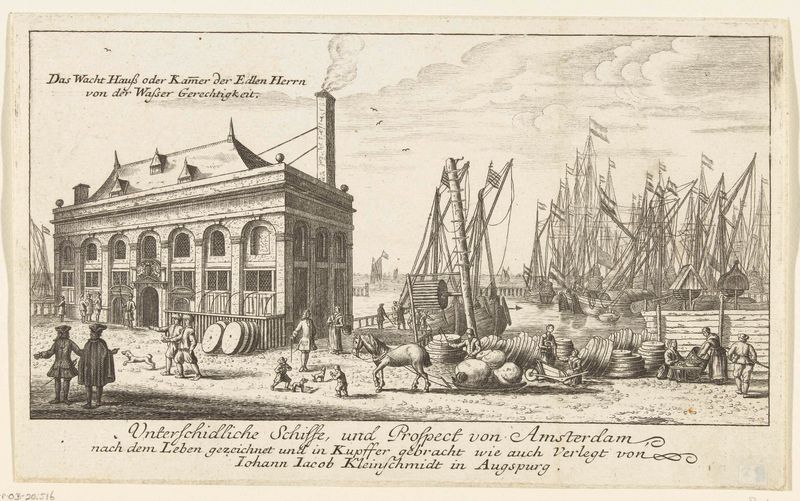 Grabado de Johann Jakob Kleinschmidt que representa un puerto con una torre de vigilancia y reflejos en el agua