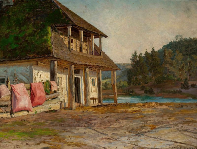 Wooden house by Maria Klass-Kazanowska, realism, depicting a sturdy structure amidst a serene landscape.