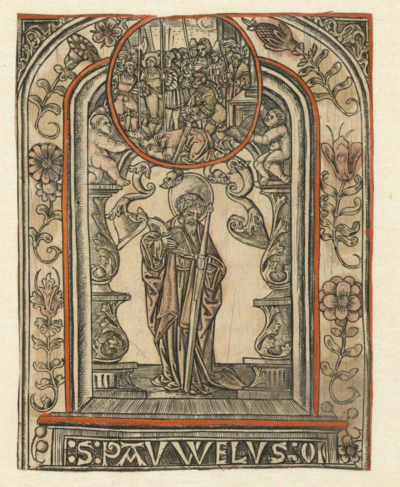 Engraving by Allaert Claesz depicting Saint Paul in martyrdom, showcasing light and shadow.