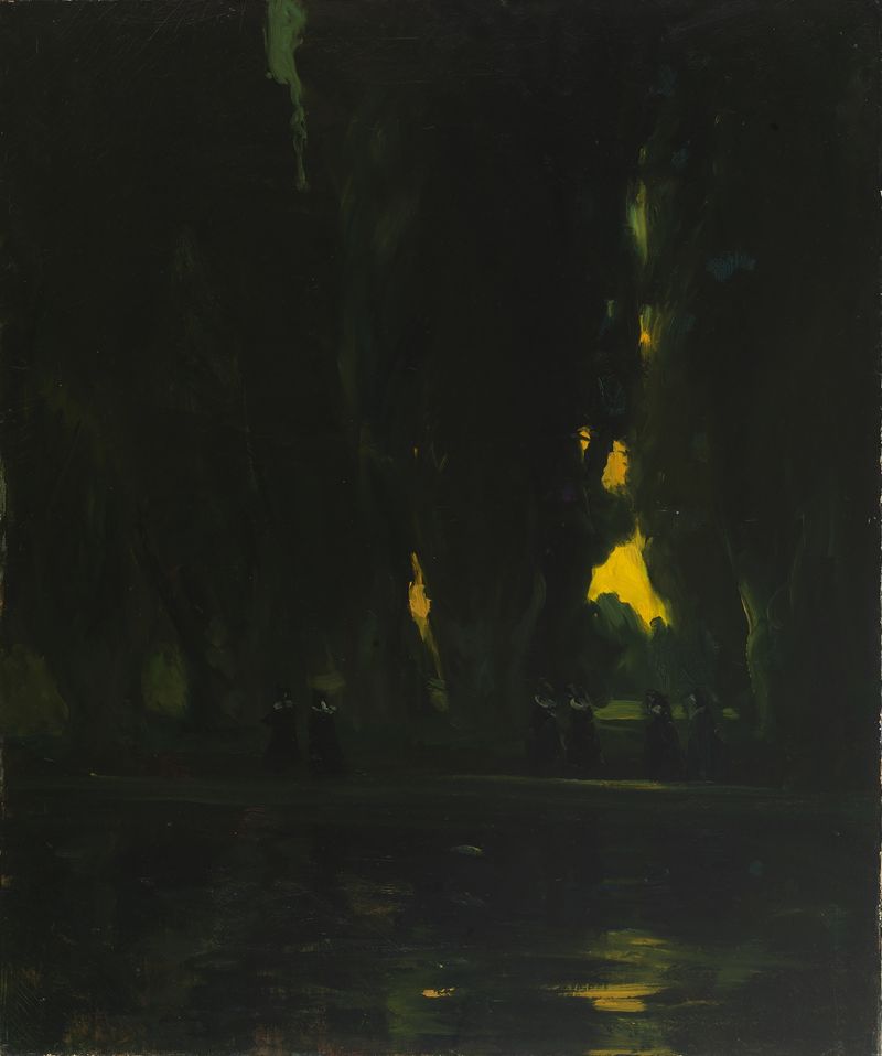 Villa Falconieri by Charles Walter Stetson, oil on canvas, depicting a villa surrounded by lush foliage and soft light.