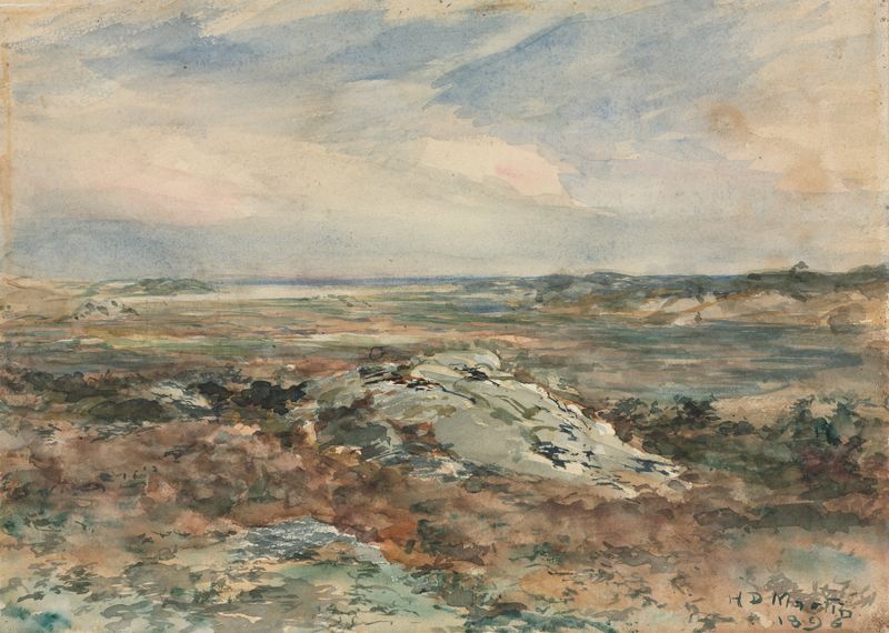Landscape by Homer Dodge Martin, oil on canvas depicting hills and sunset