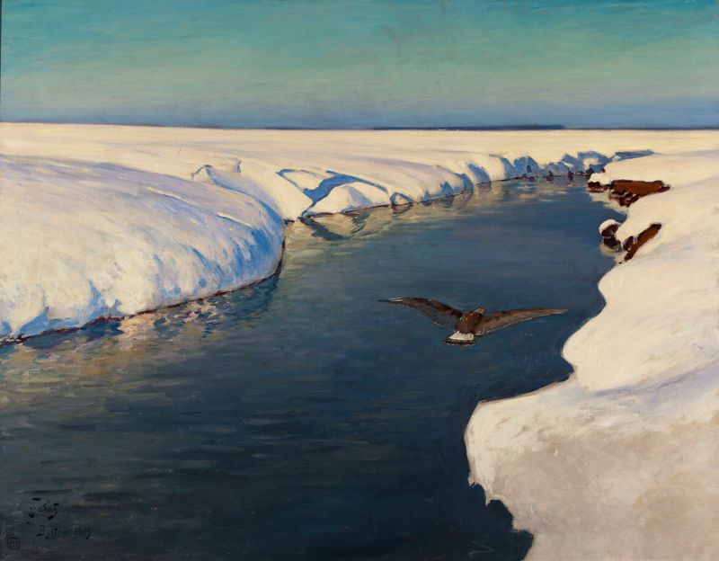 Winter landscape with a river and a bird by Julian Falat, oil painting