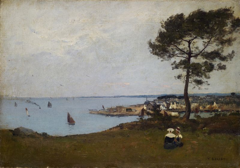 Cena marinha com barcos de pesca em Pequeno Porto Bretão de François Bocion, pintura a óleo