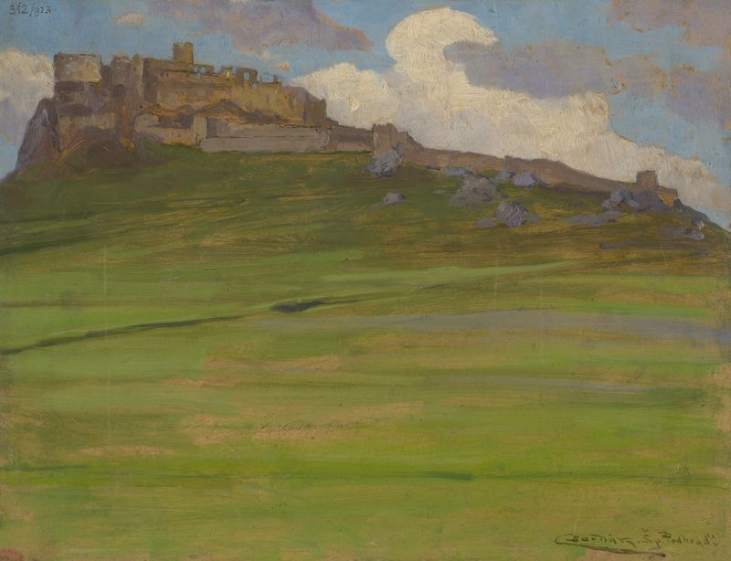 Spišský hrad de Ľudovít Čordák, óleo sobre lienzo que representa un castillo al amanecer