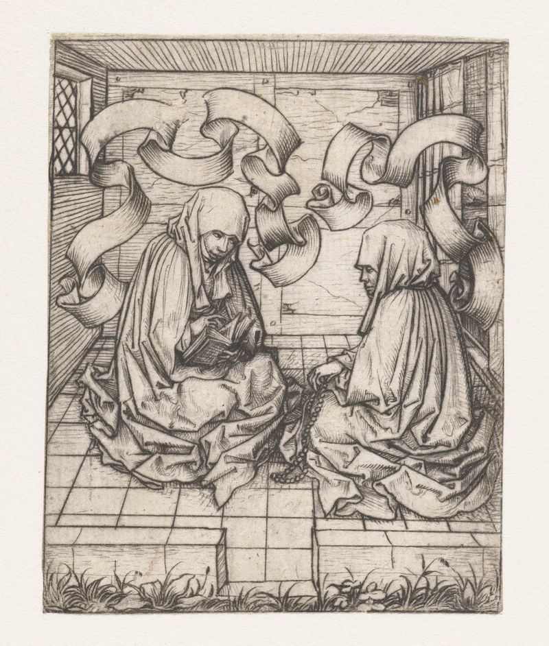 Dos monjas en punta seca de Meester van het Amsterdamse Kabinet, reflejando serenidad y luz.