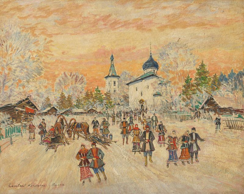 Escena de luz de velas que representa congregantes de Konstantin Alexeevich Korovin, Impresionismo