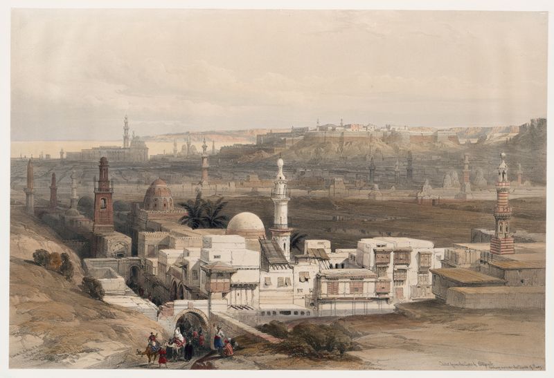 Paisagem do Cairo em óleo de David Roberts mostrando deserto e horizonte