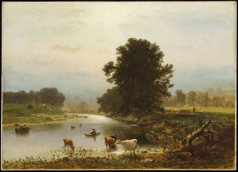 A View Near Medfield, pintura al óleo de George Inness, que representa un paisaje sereno con un río y un bosque.