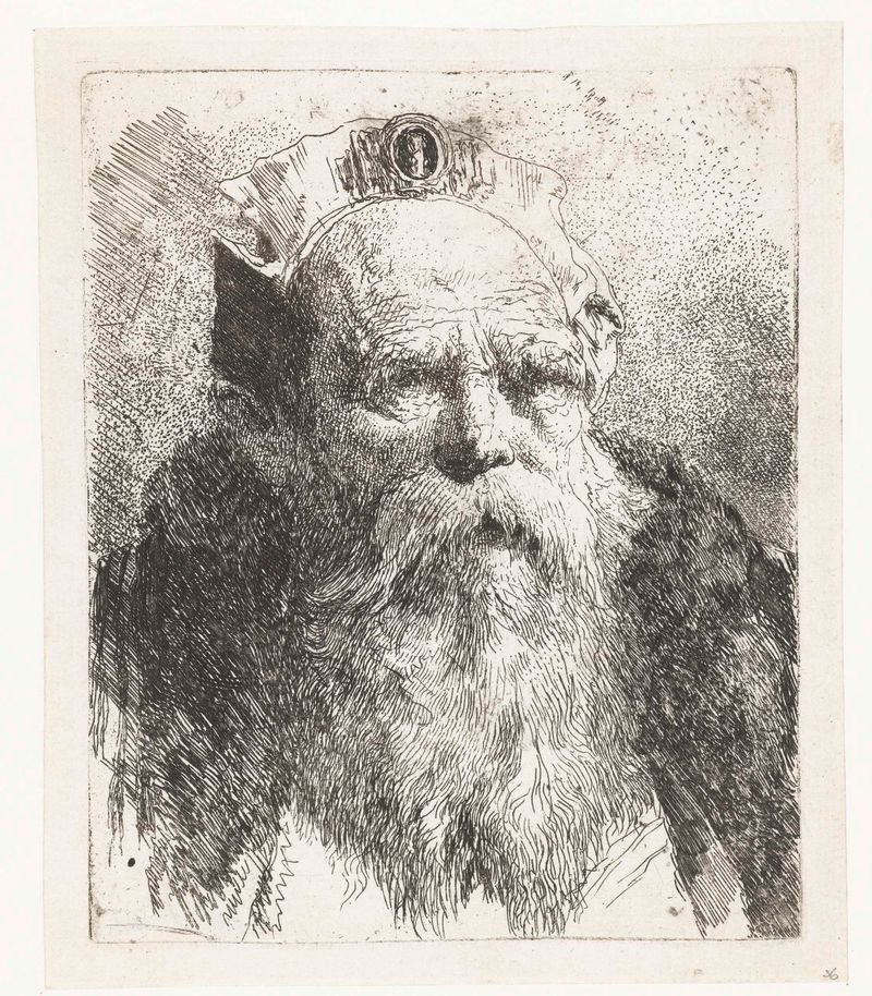 Retrato de um homem idoso com barba e chapéu ornamentado, gravura de Giovanni Domenico Tiepolo.