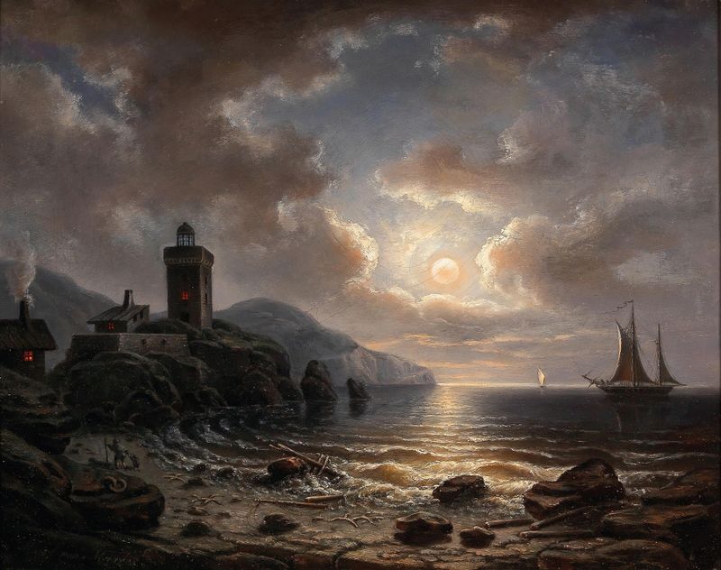Costa de noche con faro, óleo sobre lienzo de Albert De Marees