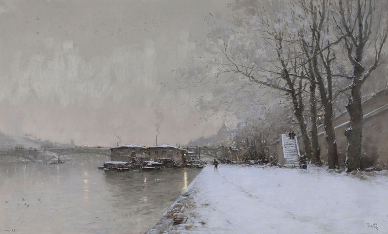 Winter landscape with falling snow, oil on canvas by Marie-Joseph-Leon Clavel